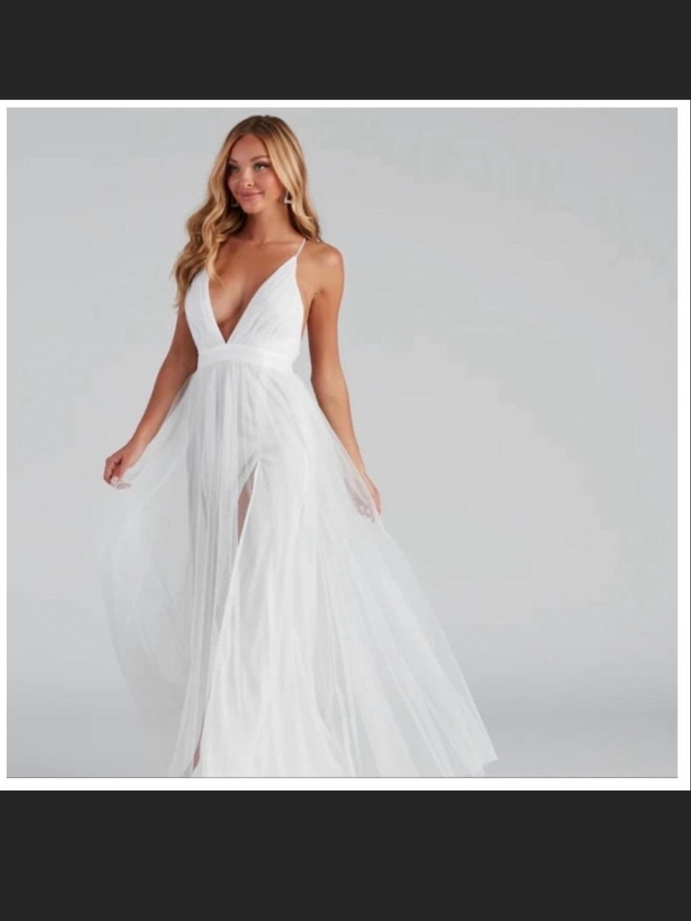 White Plunge Neck Tulle Maxi Dress